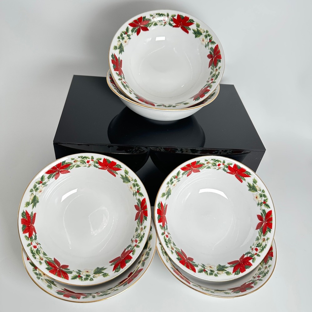 Gibson Soup Bowls Unisex 7.5in White Christmas Poinsettia Gold Trim Set of 7